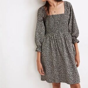 Madewell Lucie Elbow-Sleeve Smocked Mini Dress in Parisian Ditsy sz small black